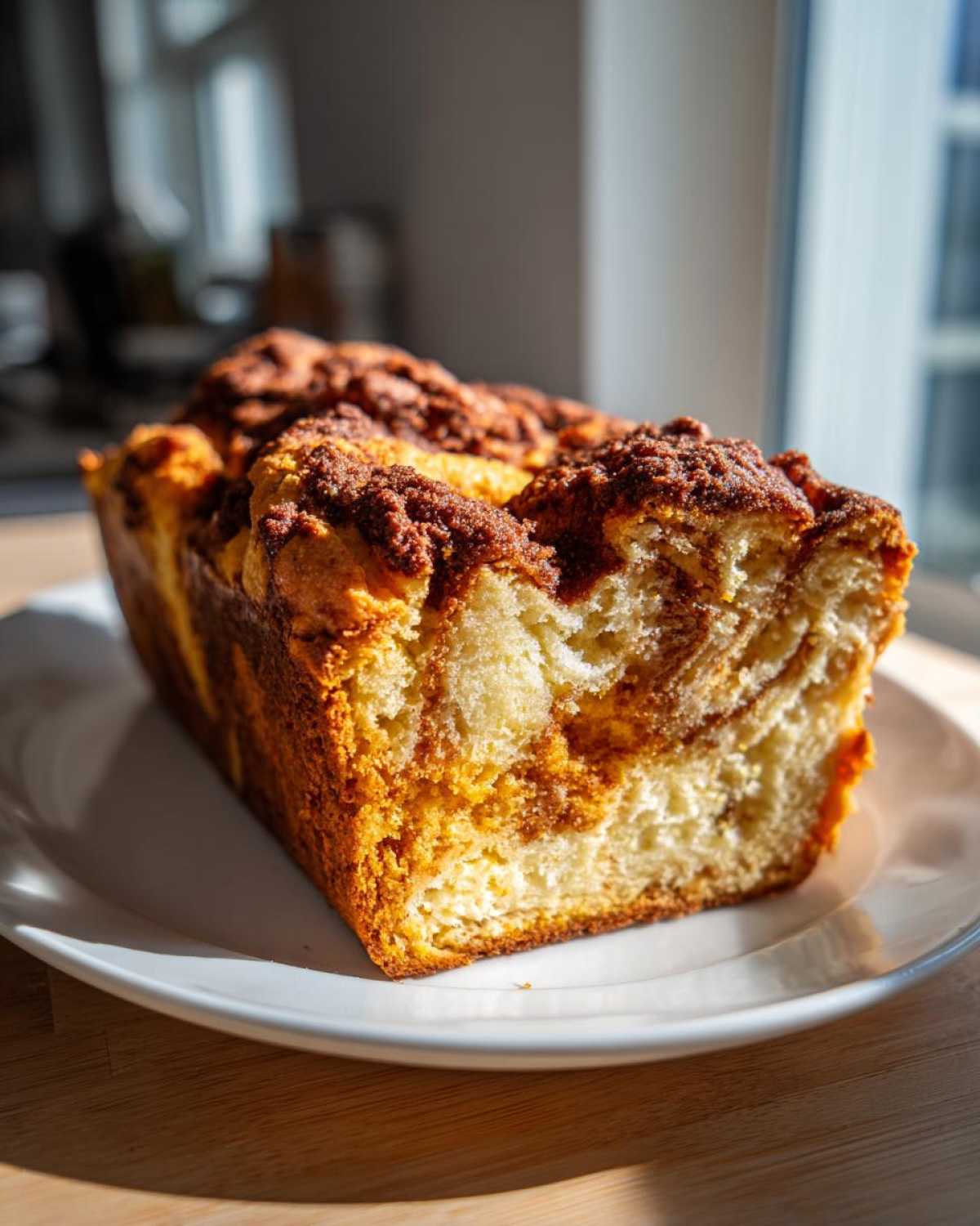 Close-up of a freshly baked slice of pumpkin cream cheese bread showing the swirl and crumb topping.