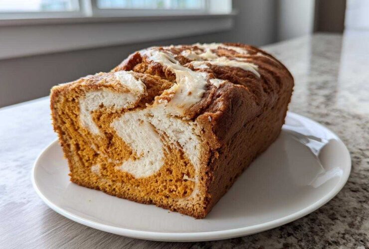 A freshly baked loaf of pumpkin cream cheese bread showing a beautiful orange and white swirl pattern inside.