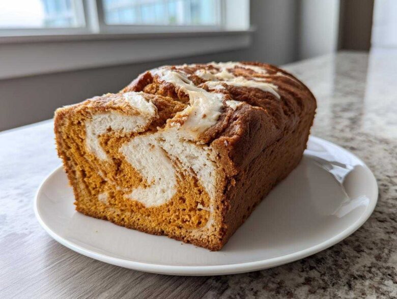 A freshly baked loaf of pumpkin cream cheese bread showing a beautiful orange and white swirl pattern inside.