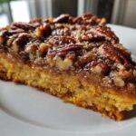 Close-up of a moist slice of pumpkin crunch cake topped with a sticky, glazed pecan layer.