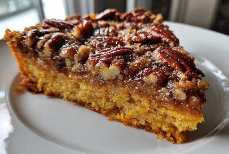 Close-up of a moist slice of pumpkin crunch cake topped with a sticky, glazed pecan layer.