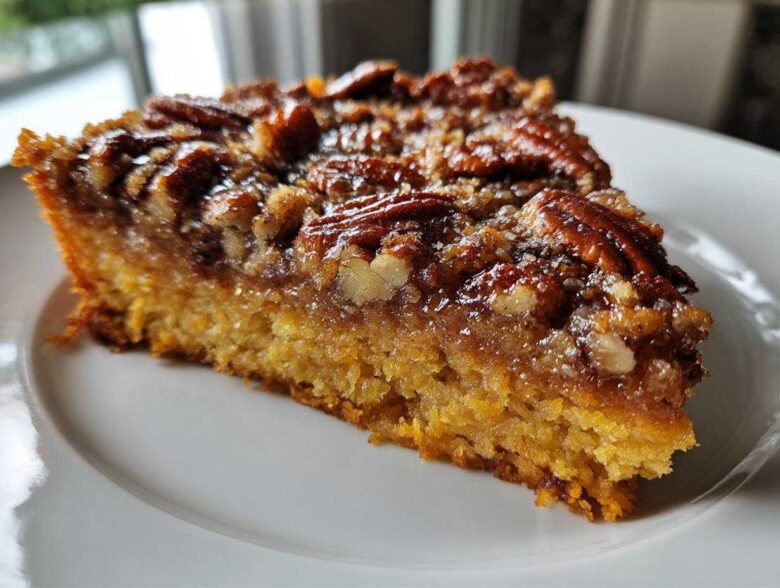 Close-up of a moist slice of pumpkin crunch cake topped with a sticky, glazed pecan layer.