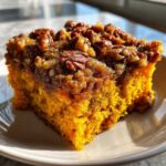A close-up, sunlit slice of bright orange pumpkin crunch cake topped with a gooey, crunchy pecan topping.