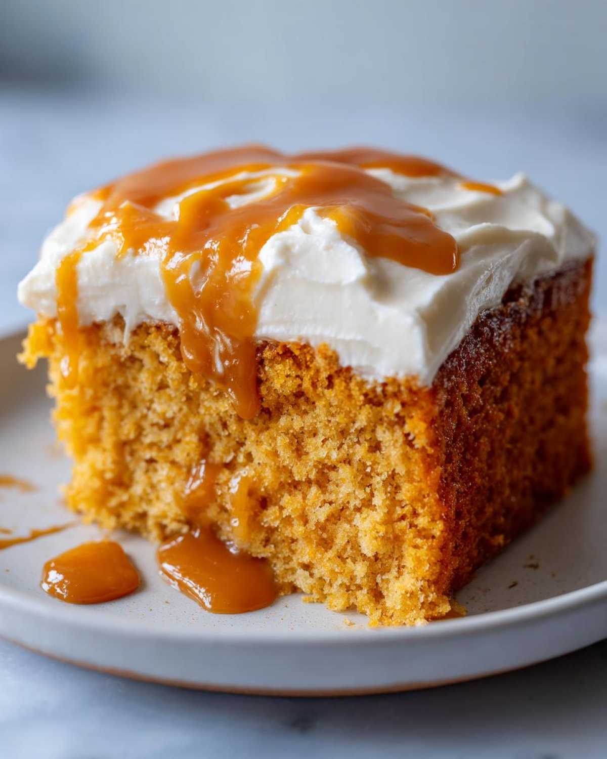 A moist slice of pumpkin poke cake topped with white frosting and drizzled generously with caramel sauce.