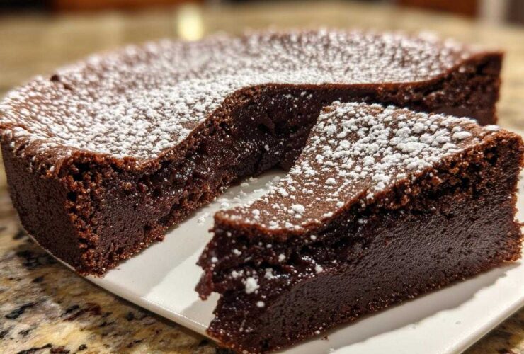 A decadent flourless chocolate torte dusted with powdered sugar, with one slice cut and resting beside the main cake.