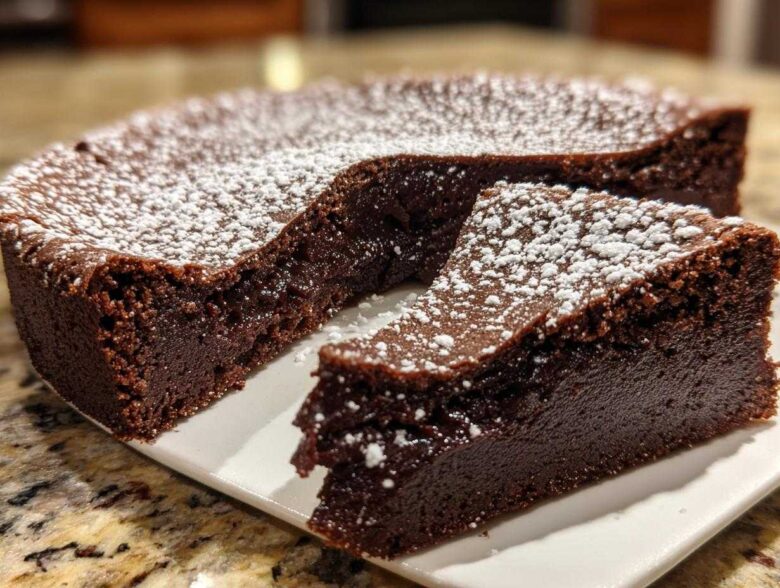 A decadent flourless chocolate torte dusted with powdered sugar, with one slice cut and resting beside the main cake.