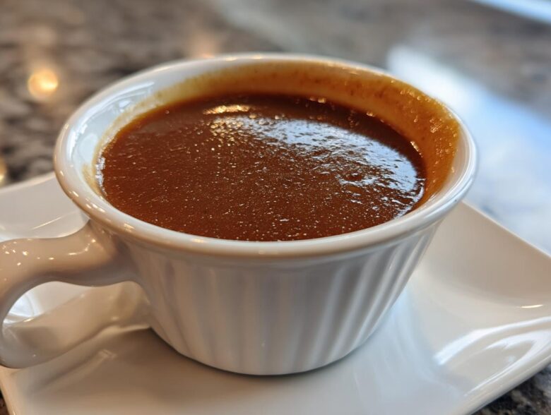 Close-up of rich, dark homemade brown gravy served in a small, white, handled ramekin on a matching saucer.