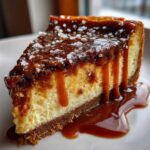 Close-up of a rich slice of salted caramel cheesecake topped with thick caramel sauce and flaky sea salt.