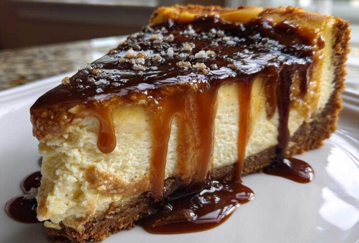 A decadent slice of salted caramel cheesecake with thick caramel sauce dripping down the sides and sprinkled with sea salt.