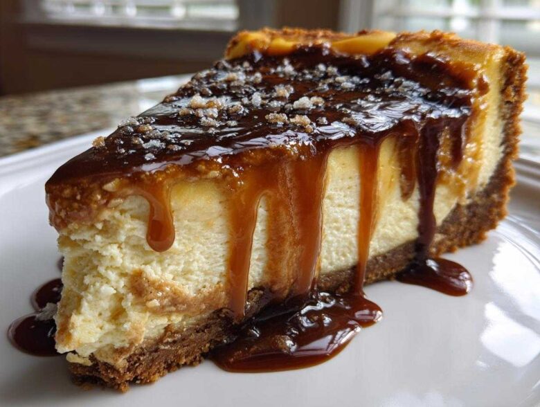 A decadent slice of salted caramel cheesecake with thick caramel sauce dripping down the sides and sprinkled with sea salt.