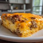 A close-up of a thick slice of baked sausage cheese dip casserole topped with melted cheddar cheese.