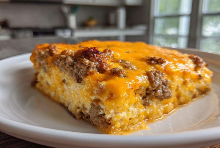 A close-up of a thick slice of baked sausage cheese dip casserole topped with melted cheddar cheese.