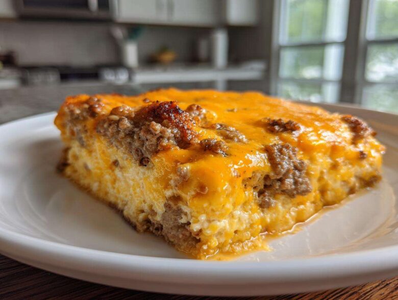 A close-up of a thick slice of baked sausage cheese dip casserole topped with melted cheddar cheese.