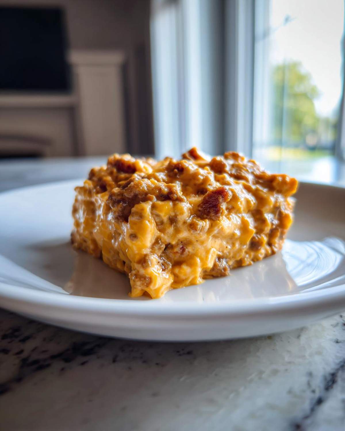 A square portion of creamy, orange sausage cheese dip served on a white plate.