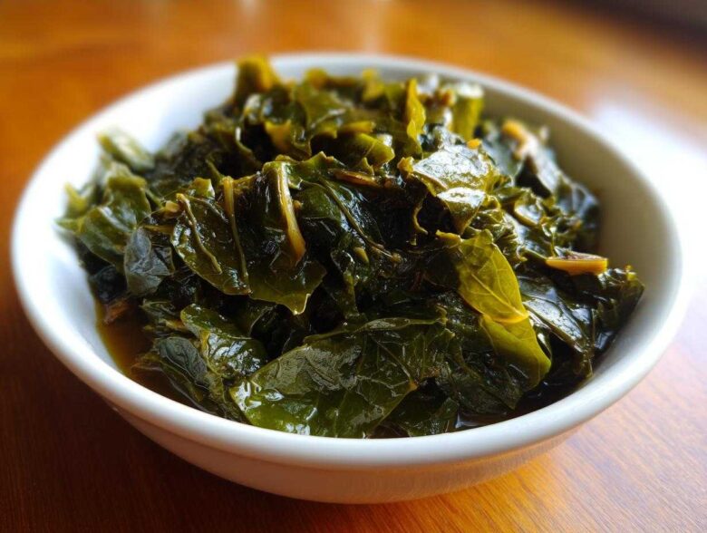 Close-up of tender, dark green collard greens simmering in savory pot liquor in a white bowl.