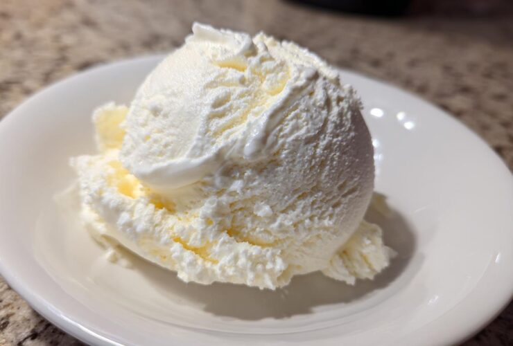 A perfect scoop of creamy, white cottage cheese ice cream served in a small white bowl.