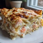 A generous slice of creamy seafood lasagna showing layers of pasta, white sauce, and pink shrimp pieces.