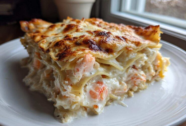 A generous slice of creamy seafood lasagna showing layers of pasta, white sauce, and pink shrimp pieces.