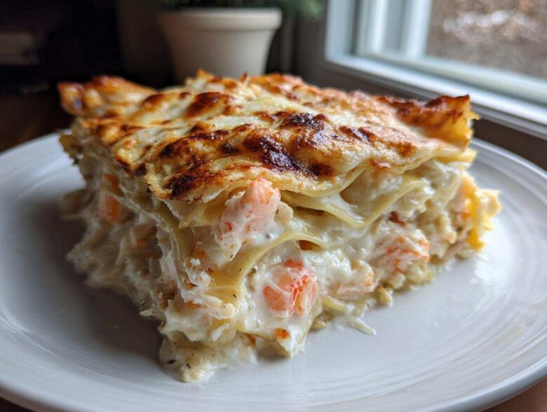 A generous slice of creamy seafood lasagna showing layers of pasta, white sauce, and pink shrimp pieces.