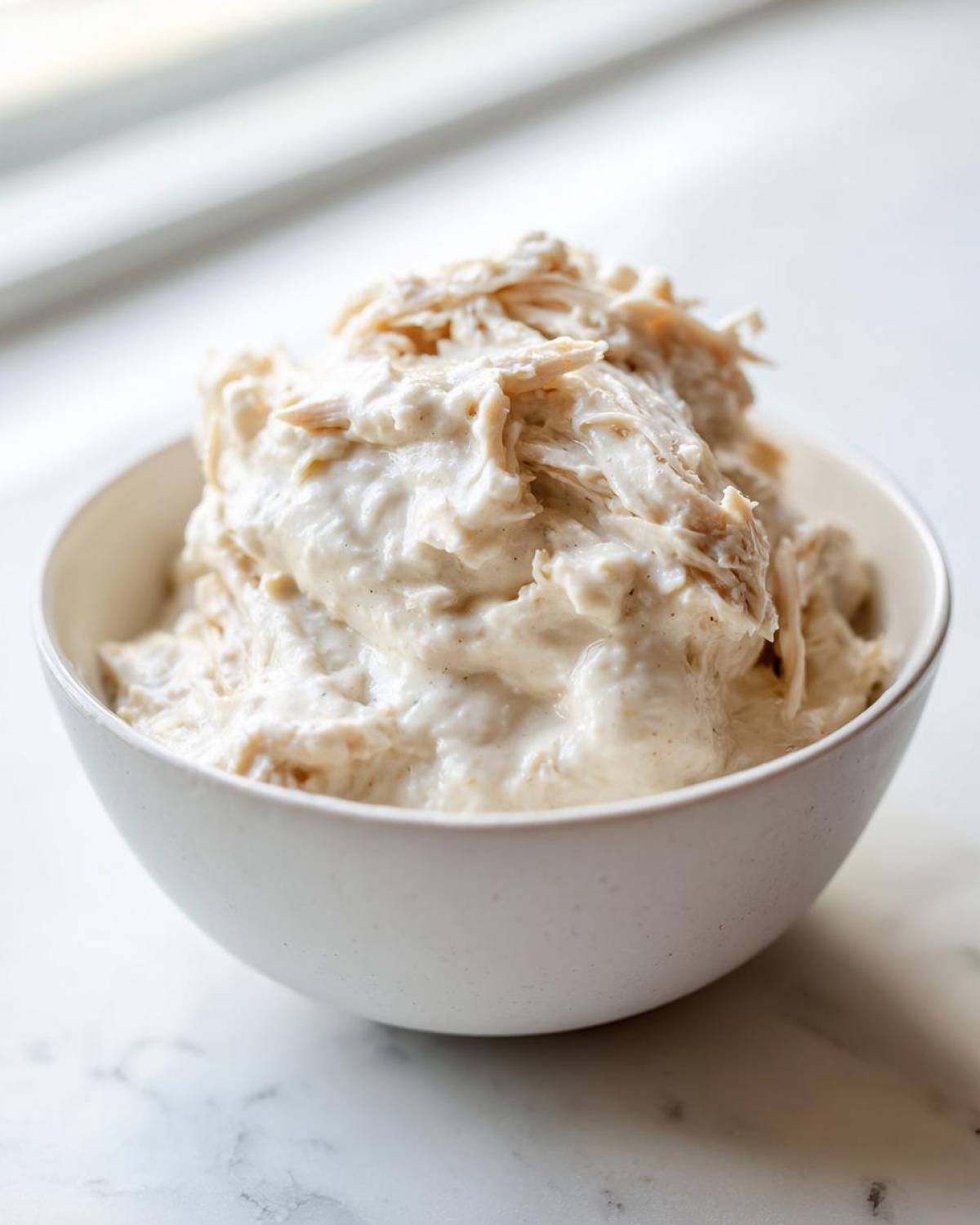 A white bowl filled with thick, creamy homemade cream of chicken soup base featuring shredded chicken.