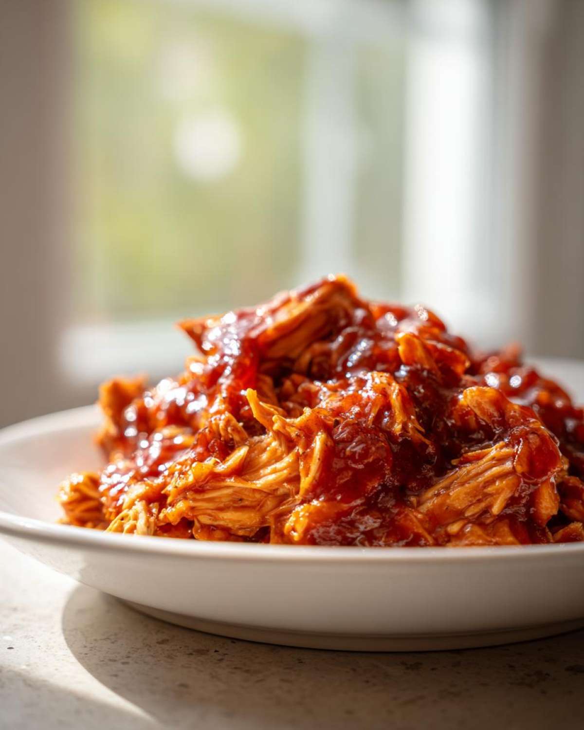 Close-up of shredded cranberry chicken coated in a thick, glossy, dark red sauce, served in a white bowl.
