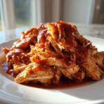 A close-up of shredded cranberry chicken piled high on a white plate, glistening with sauce.