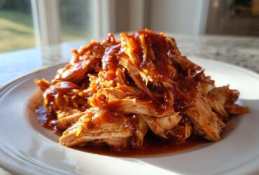A close-up of shredded cranberry chicken piled high on a white plate, glistening with sauce.