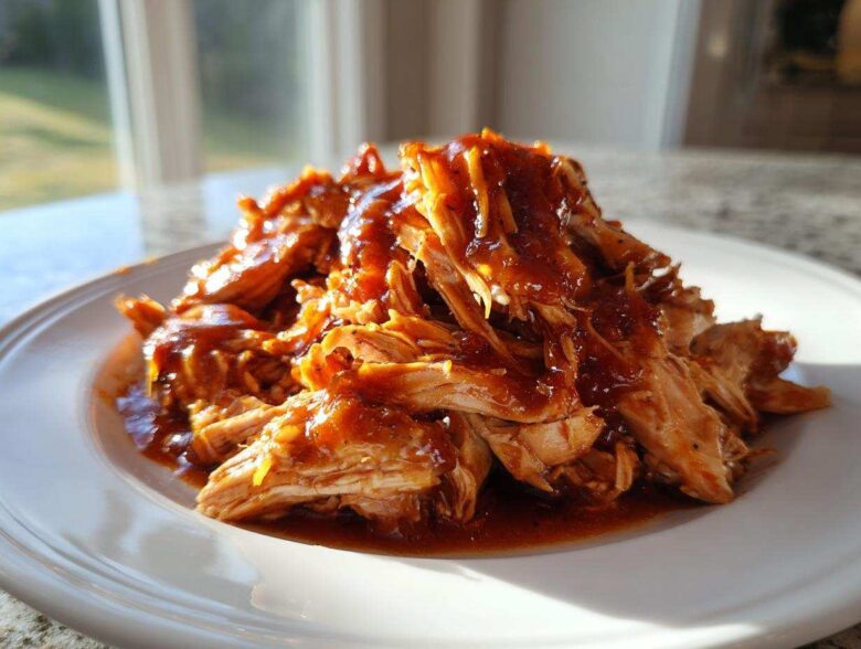 A close-up of shredded cranberry chicken piled high on a white plate, glistening with sauce.