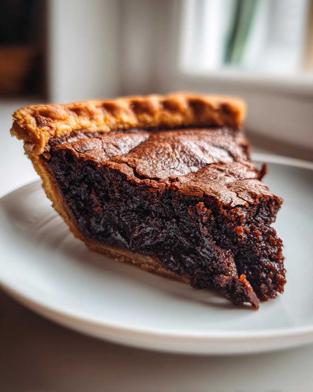 A close-up of a thick slice of dark, fudgy chocolate chess pie with a flaky crust, served on a white plate.
