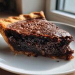 A close-up of a decadent slice of chocolate chess pie with a flaky crust sitting on a white plate.