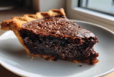 A close-up of a decadent slice of chocolate chess pie with a flaky crust sitting on a white plate.