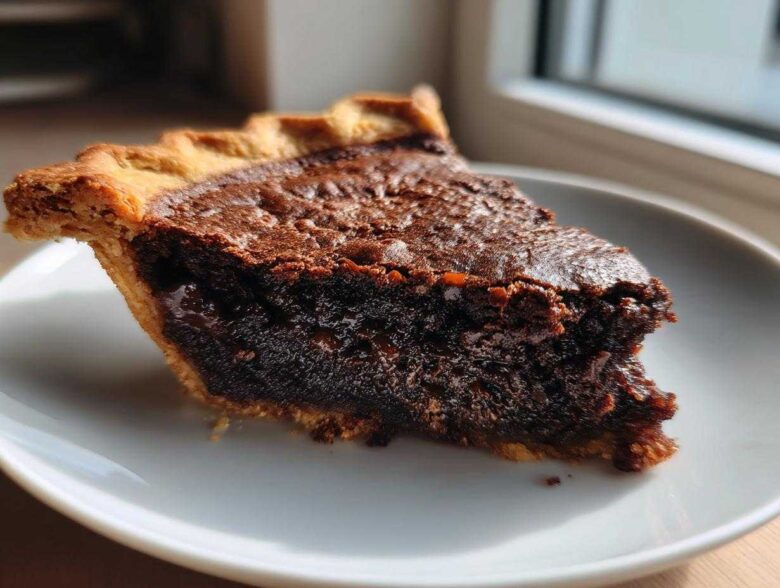 A close-up of a decadent slice of chocolate chess pie with a flaky crust sitting on a white plate.