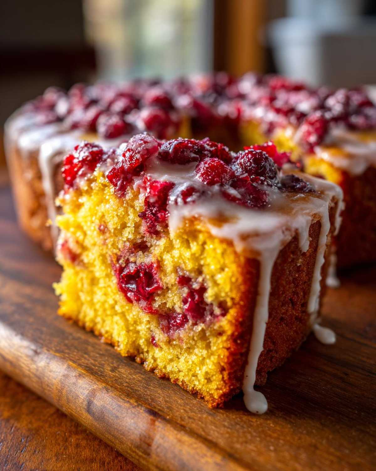 A close-up of a slice of moist cranberry orange cake topped with whole cranberries and a white citrus glaze.