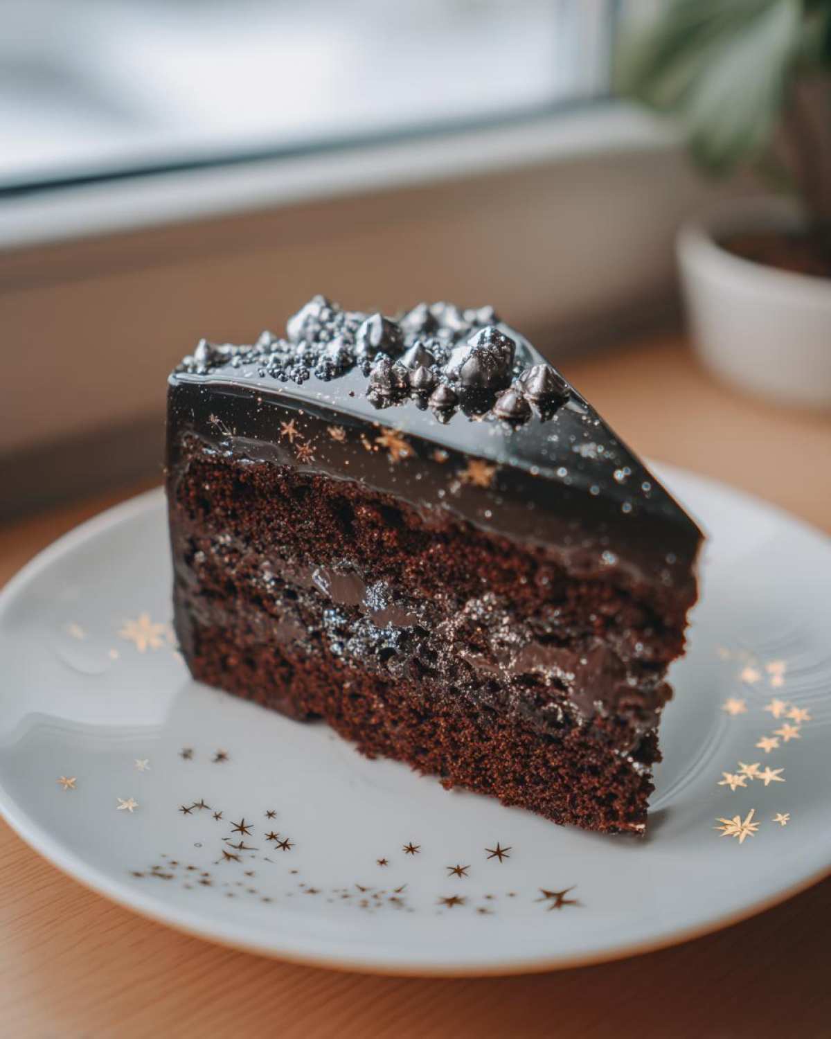A slice of dark chocolate Capricorn cake featuring a glossy galaxy glaze and silver sprinkles, served on a star-patterned plate.