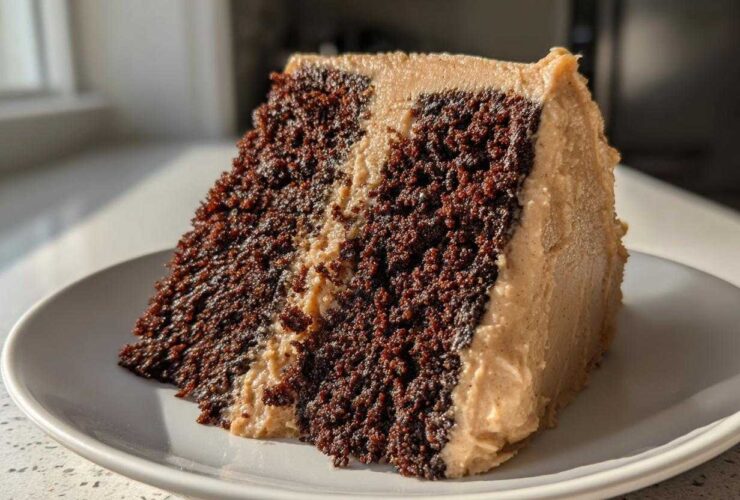 A close-up slice of dark, rich gingerbread cake layered and covered with light brown frosting.