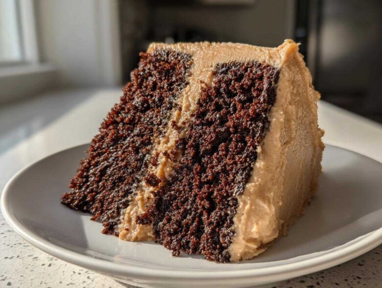 A close-up slice of dark, rich gingerbread cake layered and covered with light brown frosting.