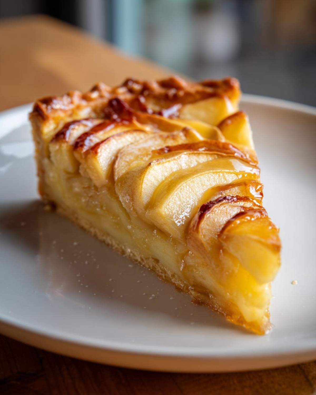 A close-up shot of a perfect slice of shiny, glazed apple tart resting on a white plate.