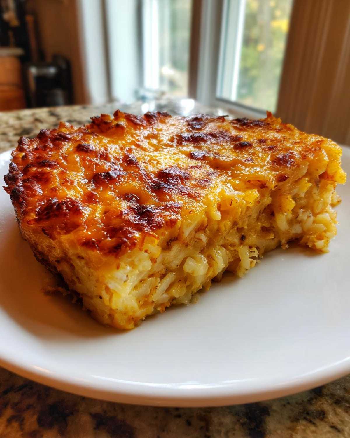 A square serving of crockpot cheesy potatoes with a golden-brown, bubbly cheese crust on a white plate.