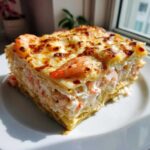 A thick, layered slice of creamy seafood lasagna topped with melted, browned cheese and whole shrimp.
