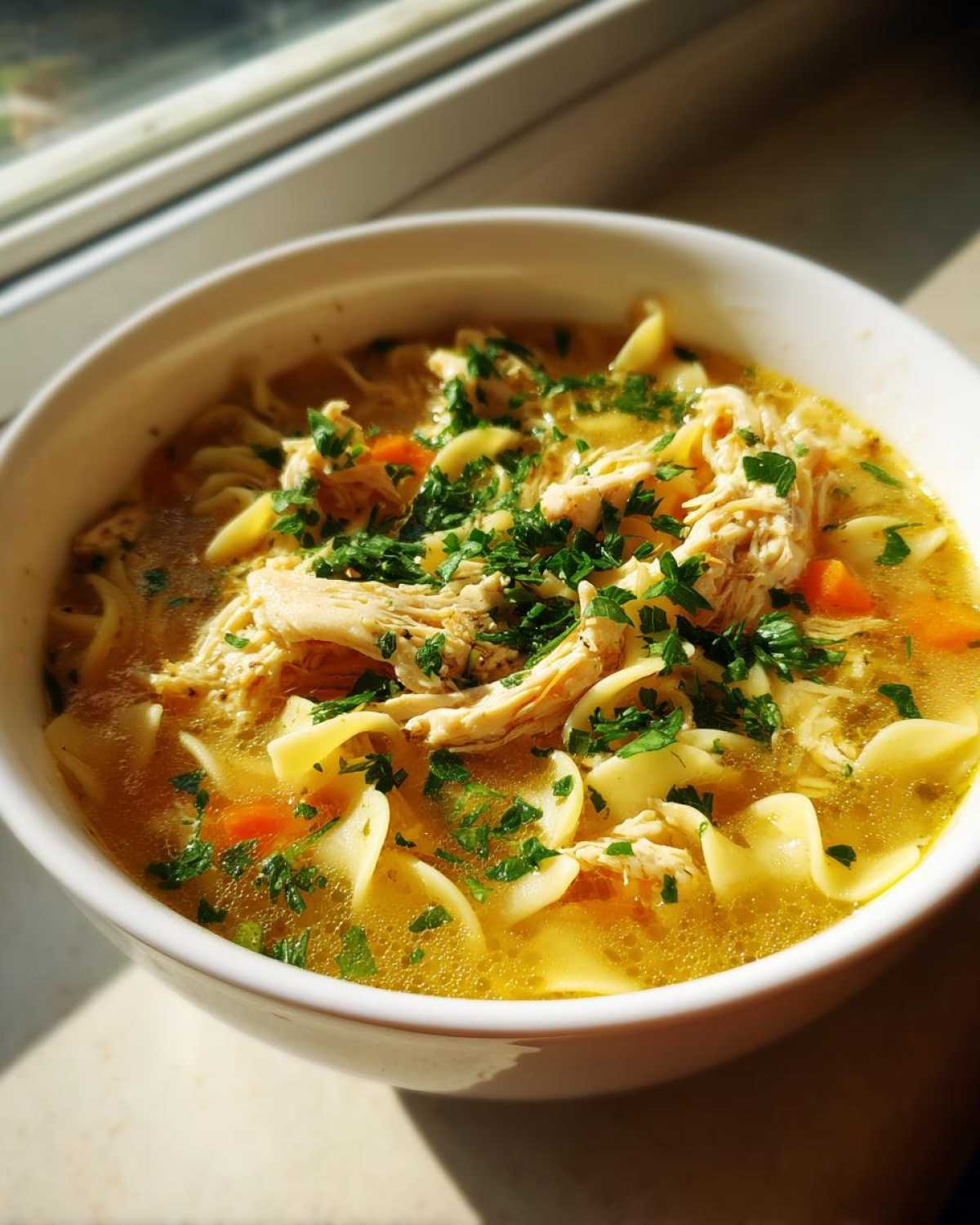 Close-up of a white bowl filled with rich broth, egg noodles, shredded chicken, and carrots, topped with fresh parsley for slow cooker chicken noodle soup.