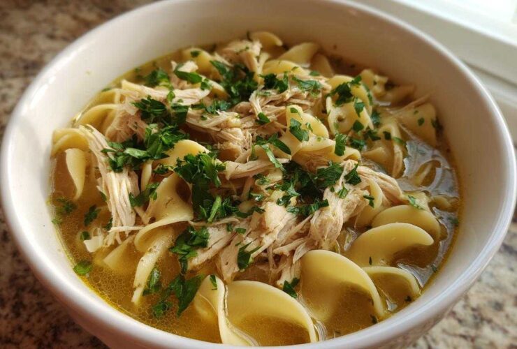 Close-up of a white bowl filled with rich broth, wide egg noodles, shredded chicken, and fresh parsley, showcasing the slow cooker chicken noodle soup.