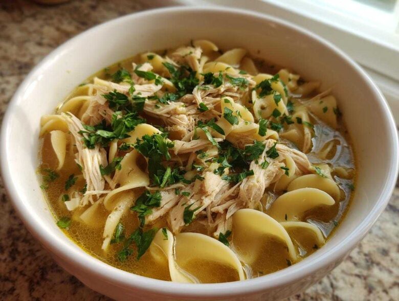 Close-up of a white bowl filled with rich broth, wide egg noodles, shredded chicken, and fresh parsley, showcasing the slow cooker chicken noodle soup.