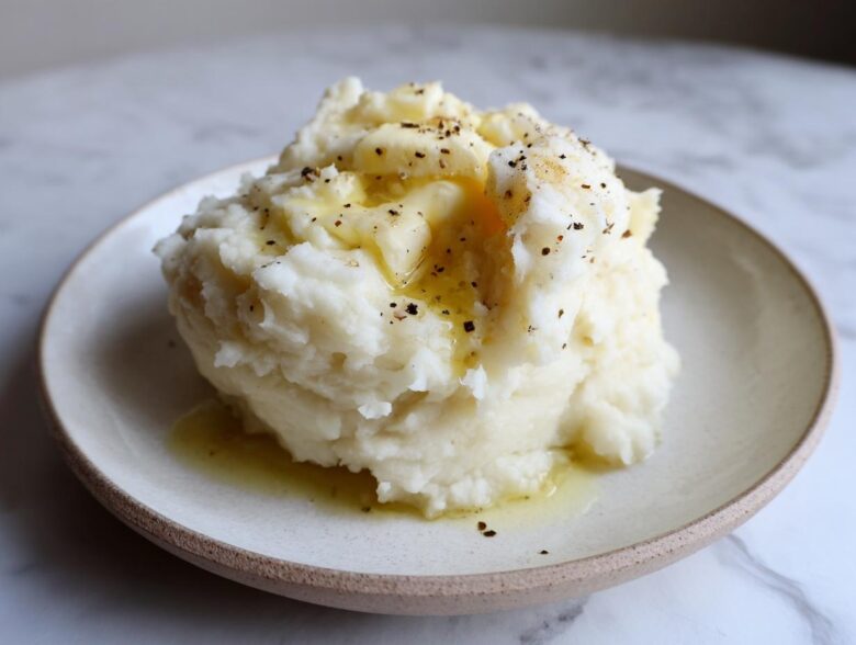 A generous serving of creamy slow cooker mashed potatoes topped with melted butter and cracked black pepper.
