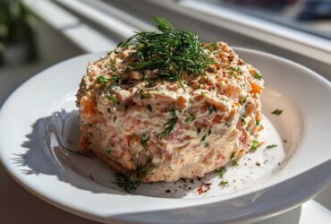 A mound of creamy smoked salmon dip, garnished generously with fresh dill and spices, sitting on a white plate.