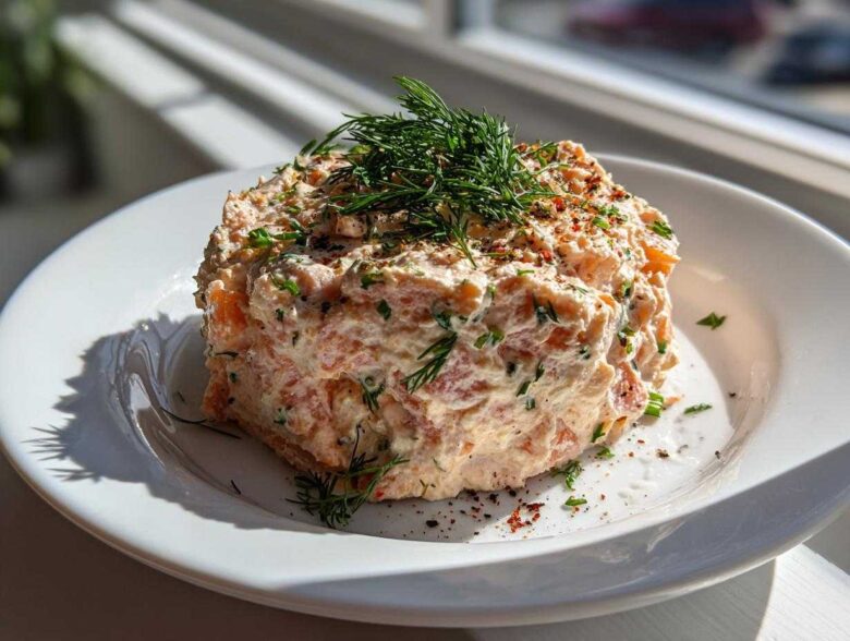 A mound of creamy smoked salmon dip, garnished generously with fresh dill and spices, sitting on a white plate.