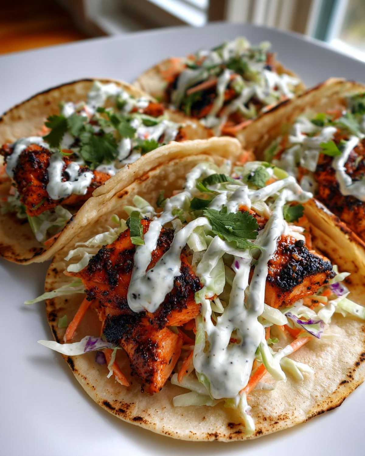 Close-up of four delicious salmon tacos filled with smoky salmon, slaw, and drizzled with a white creamy sauce.