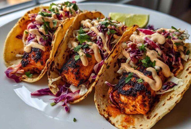 Three delicious salmon tacos filled with blackened salmon, purple cabbage slaw, and drizzled with spicy sauce.
