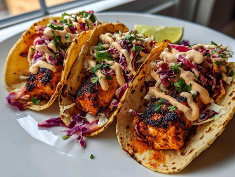 Three delicious salmon tacos filled with blackened salmon, purple cabbage slaw, and drizzled with spicy sauce.