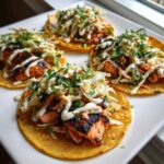 Four delicious salmon tacos on corn tortillas topped with slaw, cilantro, and white sauce.