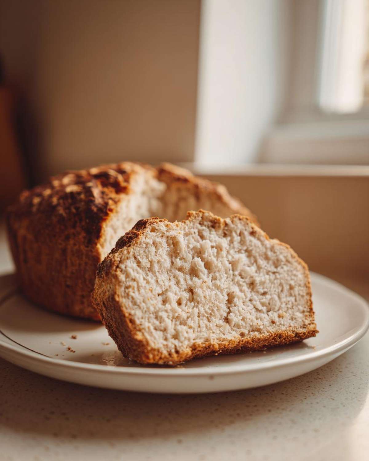 A thick slice of homemade soda bread showing its soft, crumbly interior texture on a white plate.